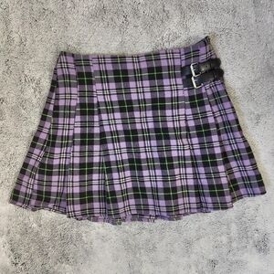 Hesperus Black Purple Green Pleated Buckled Mini Skirt Large